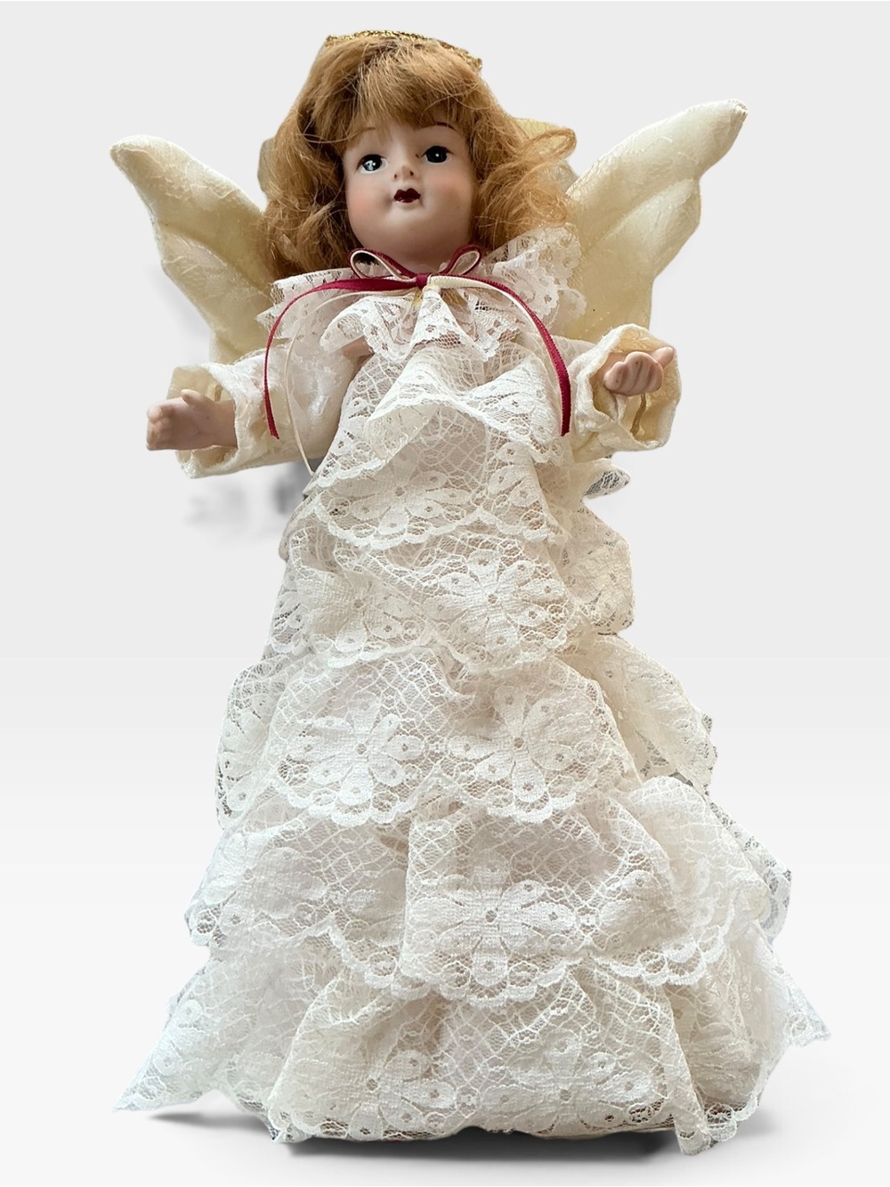 Vintage Porcelain Angel Christmas Tree Topper Lace Dress 12”